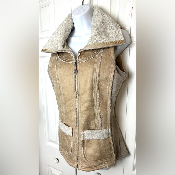 KUHL Dani Sherpa Vest Jacket Coat Almond Tan Brown Beige Faux Leather Wool Sides - Picture 15 of 15